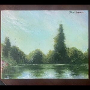 Original Oil Painting Landscape Trees Lake Green Water Blue Clouds Leaves Forest